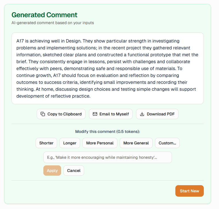 Example Western Australian report comment generated by WA School Reports