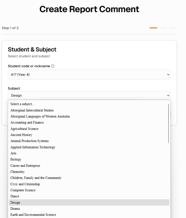 Pick student and subject screen of WA School Reports
